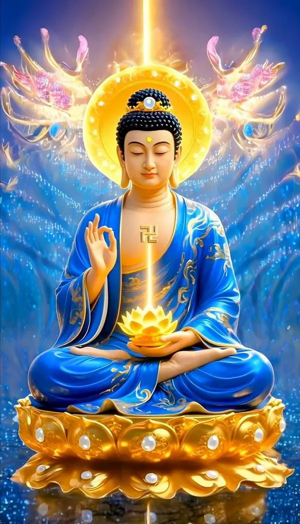 Thể hiện thân tướng trang nghiêm trên bảo tòa sen dưới vầng nhật nguyệt