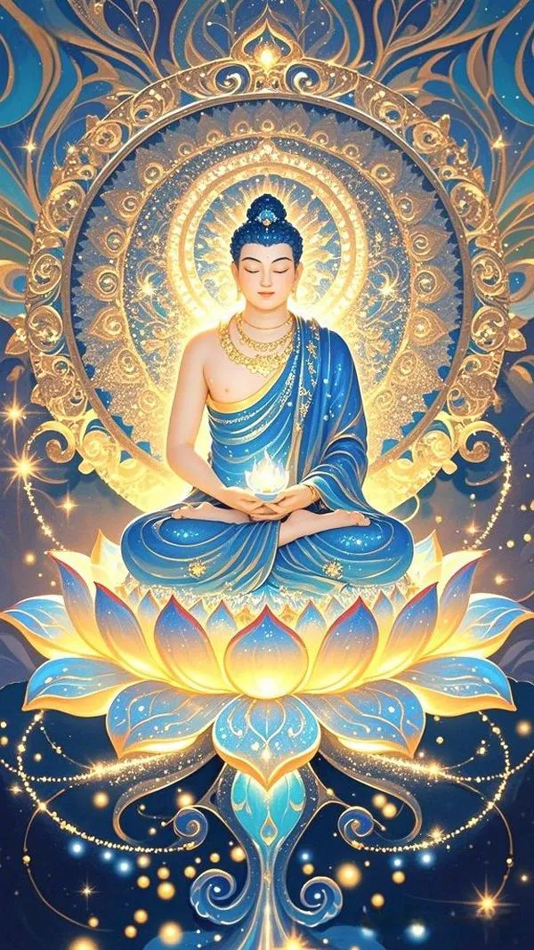 Thiết kế wallpaper Dược Sư Lưu Ly Quang Như Lai nền mây lành và mandala hộ trì