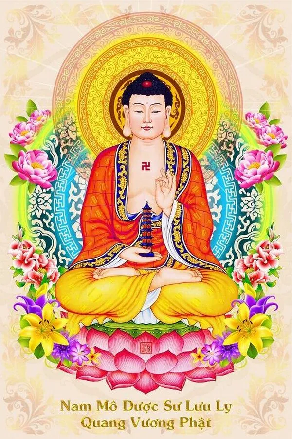 Dùng nền điện thoại Đại Y Vương Phật sắc xanh lưu ly sâu nhưng không gắt giúp tịnh tâm