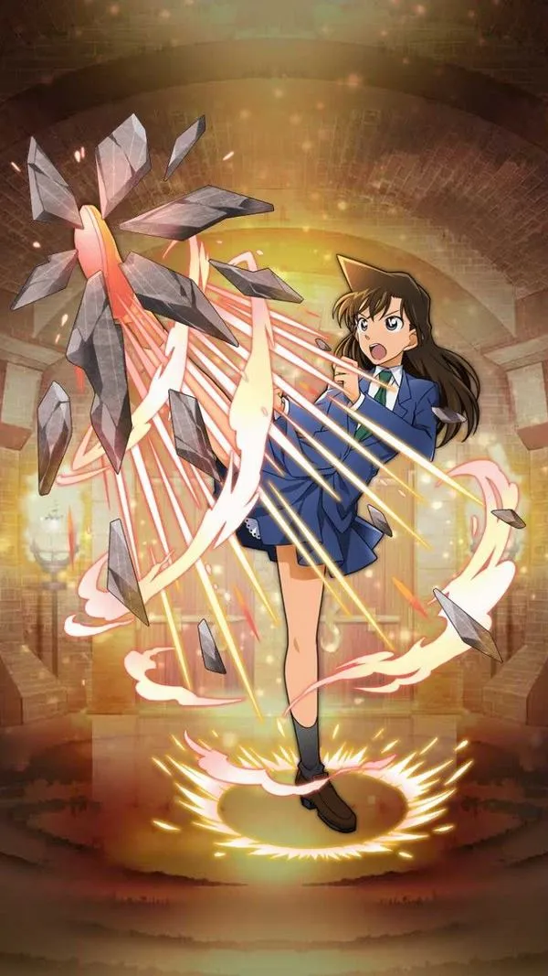 Ảnh fanart ngầu Ran Mori tung cú đá, hiệu ứng sét rực, nền tối, nhấn chuyển động dứt khoát