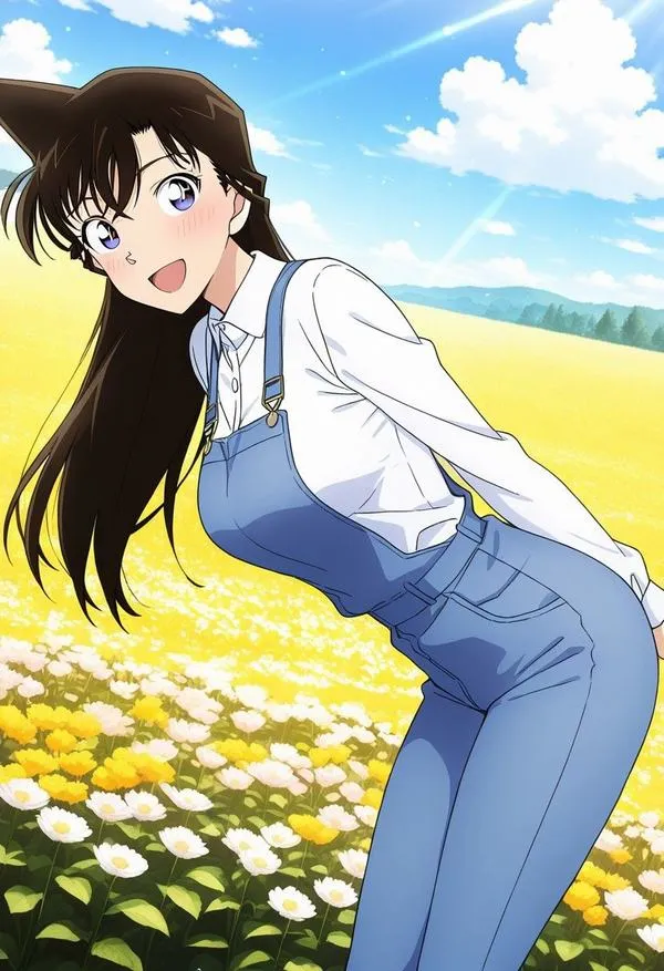 Ảnh đẹp Ran Mori mặc yếm xanh trên đồng hoa vàng, gió thổi tóc dài, nền sạch, làm hình nền