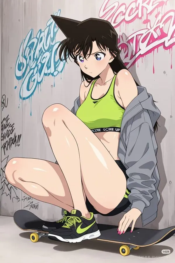 Ảnh 4K Ran Mori ngồi cạnh ván trượt, áo xanh lá, phong cách đời thường, nền xám tối giản, rất ngầu