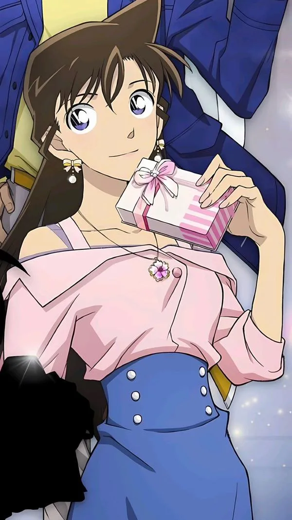 Ảnh anime Ran Mori áo hồng trễ vai, váy xanh, cầm hộp nước, ánh mắt bất ngờ, hợp avatar