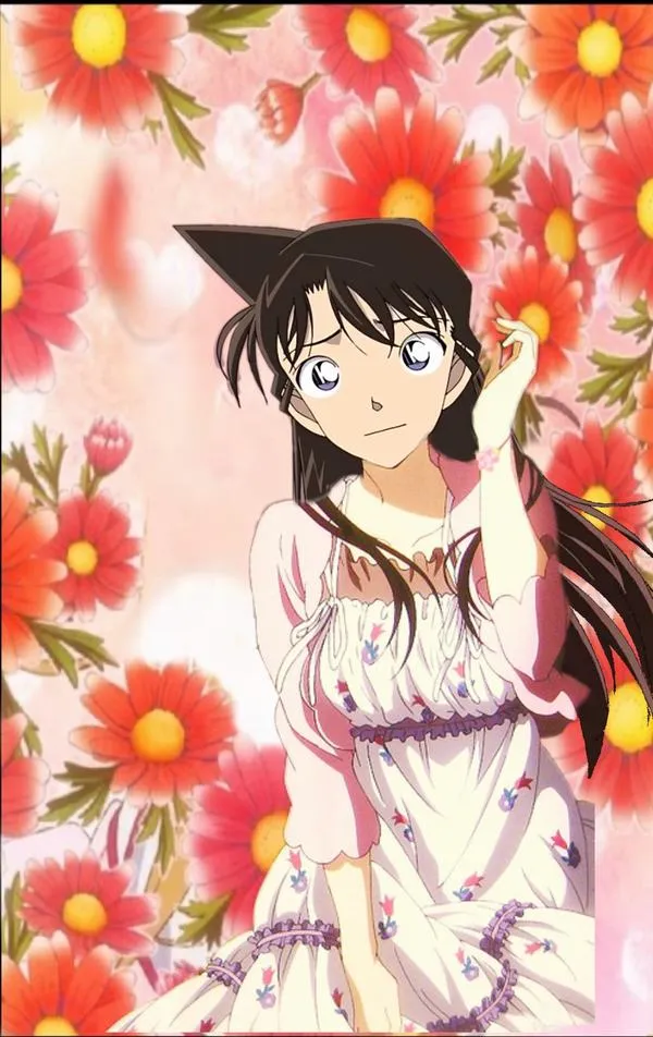 Ảnh fanart Ran Mori váy trắng giữa vườn hoa đỏ, tông ấm, nét viền rõ, nhìn vào thấy dễ chịu