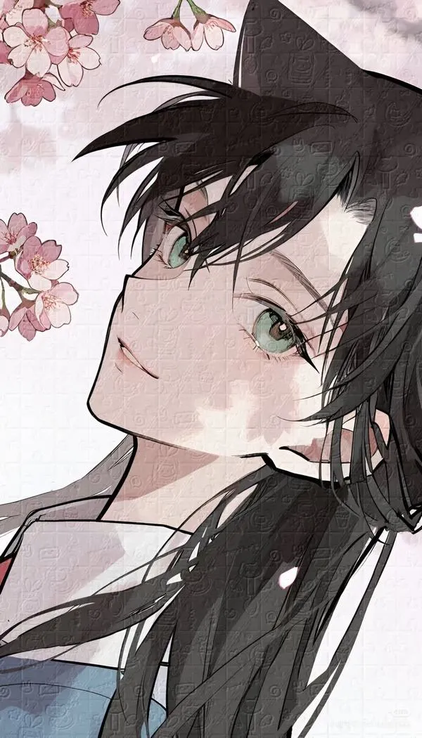 Ảnh nền điện thoại Ran Mori trắng đen cận mặt, tóc mái chóp nhọn, nền hoa anh đào nhẹ, hợp avatar