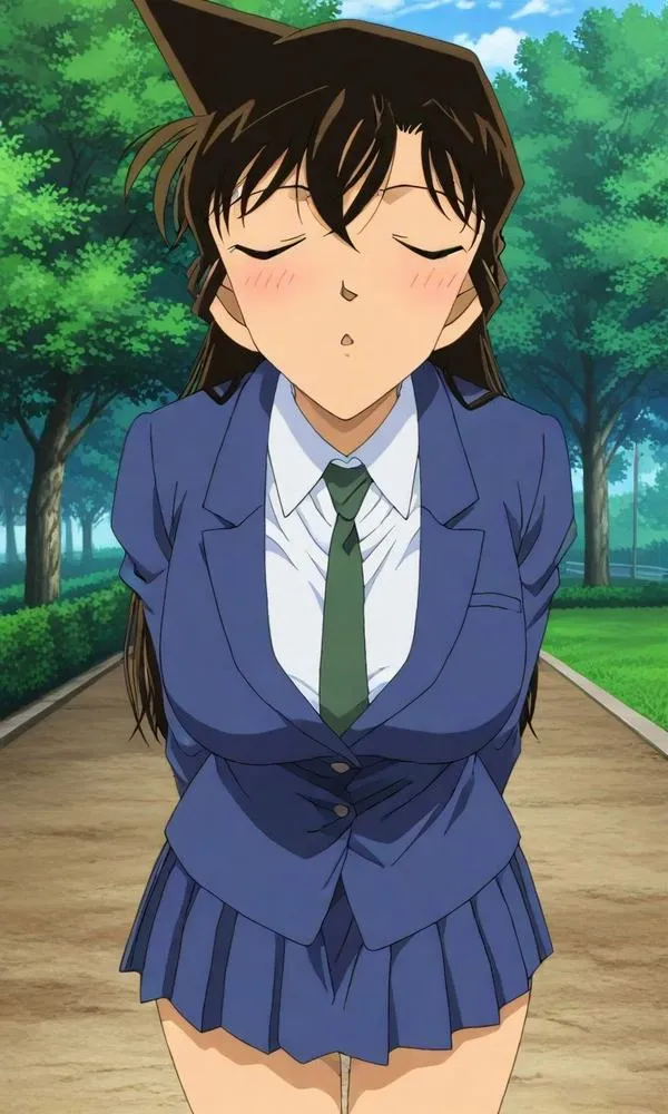 Hình anime Ran Mori đồng phục xanh, nhắm mắt mỉm cười, nền cây xanh, vibe bình tĩnh, làm hình nền