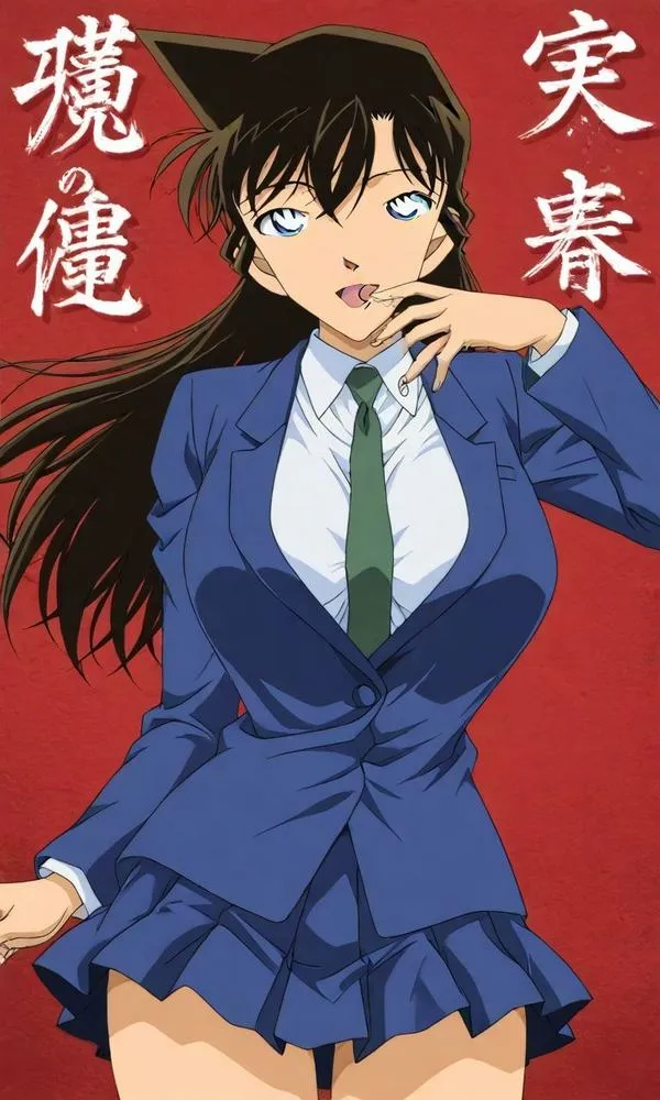 Ảnh Ran Mori phong cách poster, đồng phục xanh, ánh mắt nghiêm, chữ Nhật nền đỏ, hợp ảnh bìa ngầu