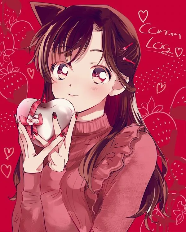 Hình fanart Ran Mori tông đỏ, cận mặt má hồng, nụ cười nhẹ, ánh sáng mềm, hợp avatar cute