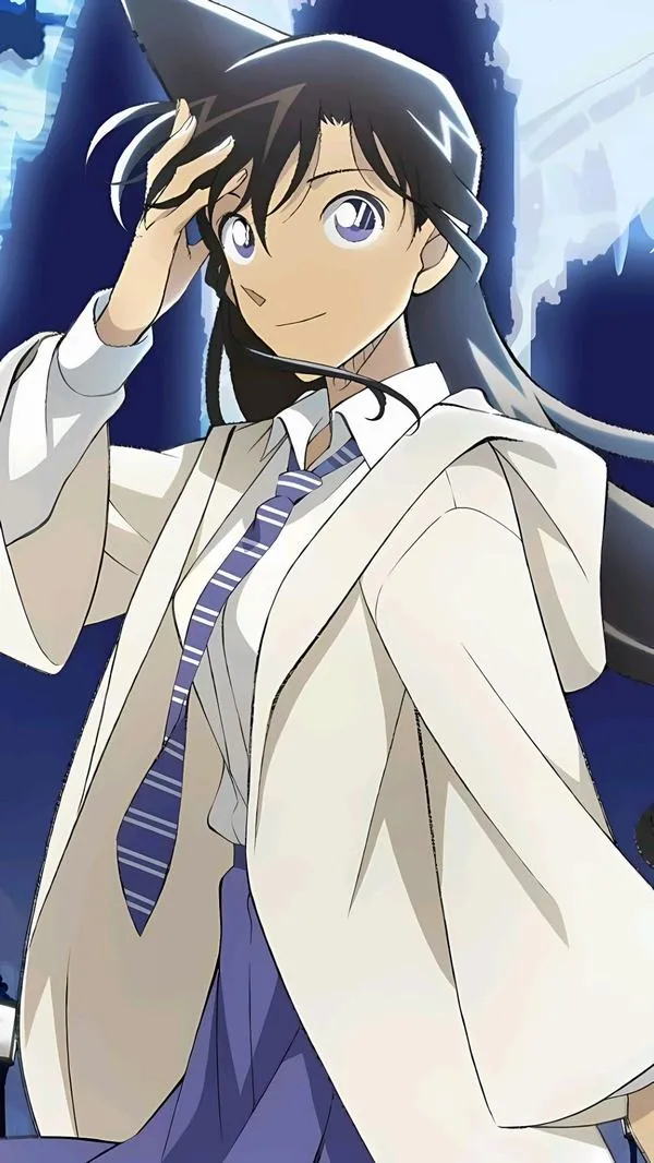 Ảnh anime Ran Mori áo choàng trắng mùa lạnh, tay vẫy chào, nền xanh mát, cảm giác thân thiện, đẹp