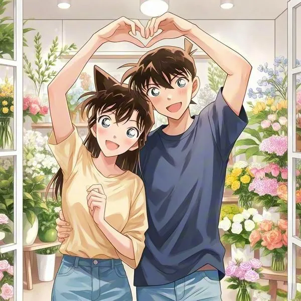 Hình nền Ran Mori và Shinichi tạo hình trái tim bằng tay, nền vườn hoa, ánh sáng ấm, hợp cặp đôi