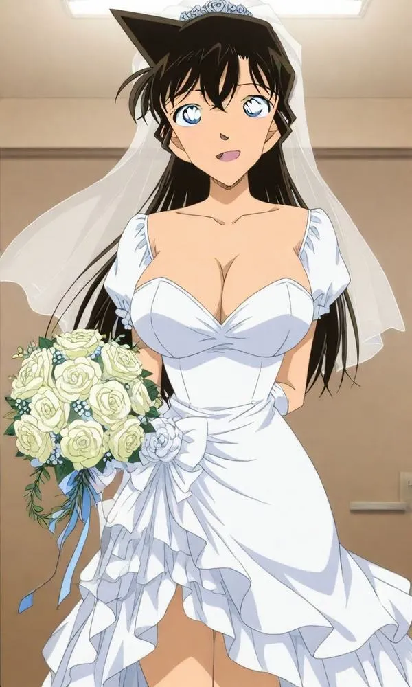 Ảnh anime Ran Mori váy cưới trắng, cầm hoa cưới, nền trong nhà sáng, cảm giác dịu dàng và trang trọng