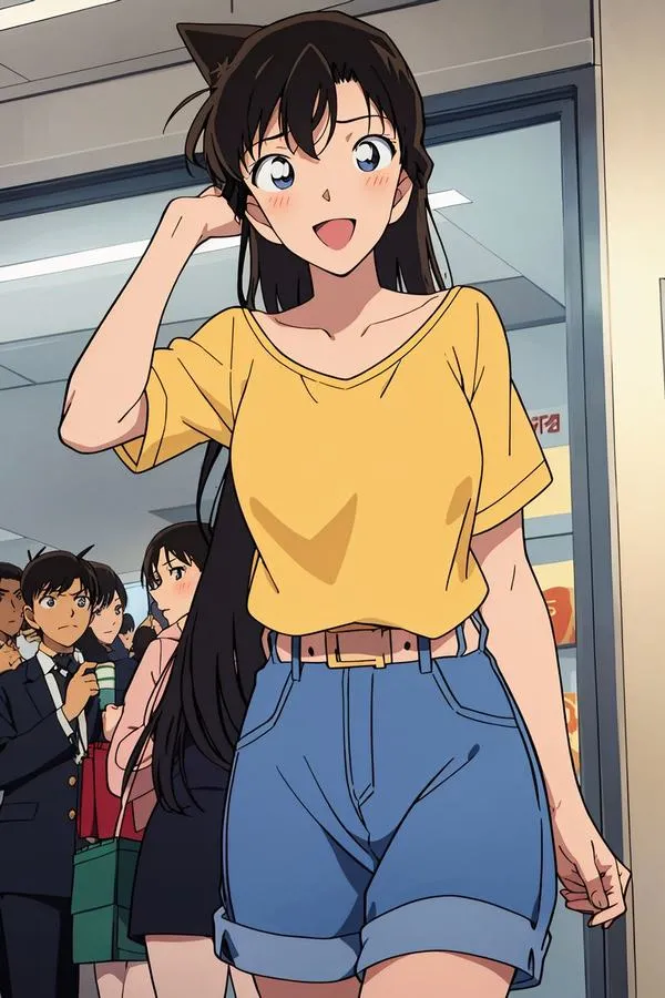 Ảnh đẹp Ran Mori áo vàng đời thường, tay gãi đầu, nền phố nhộn nhịp, vibe năng động, hợp hình nền