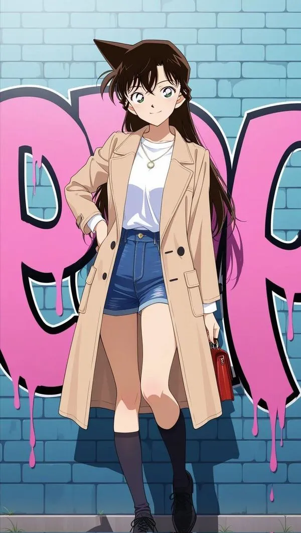 Ảnh fanart Ran Mori cận cảnh cổ áo đồng phục, nơ áo gọn, nét viền mảnh, hợp làm ảnh bìa dọc