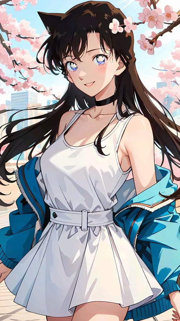 Ảnh đẹp Ran Mori váy trắng khoác áo xanh, tông ấm, nét viền sạch, tạo cảm giác dịu dàng mà ngầu