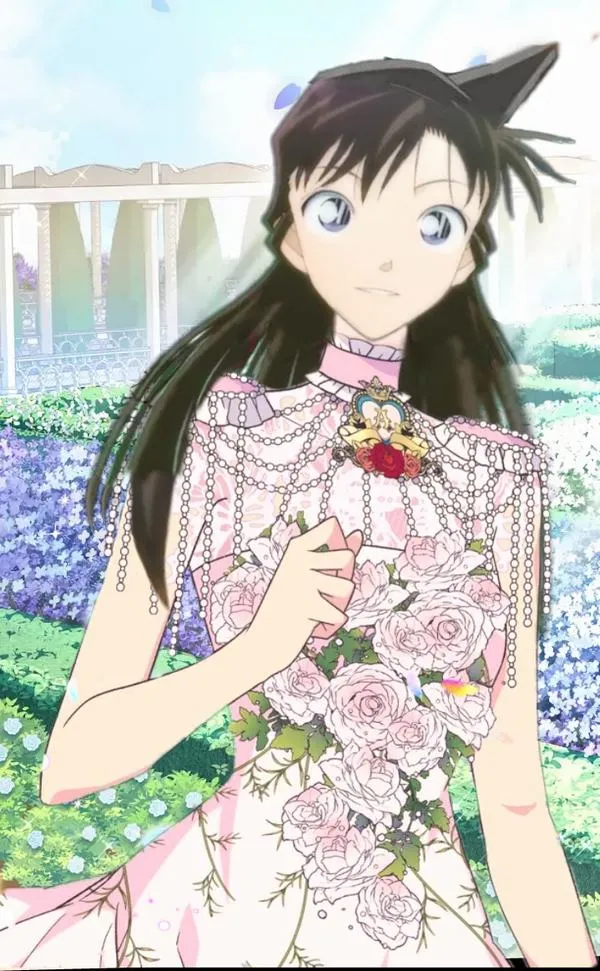 Hình nền điện thoại Ran Mori ôm bó hoa, váy họa tiết, nền nước xanh, ánh sáng mềm, nhìn rất yên