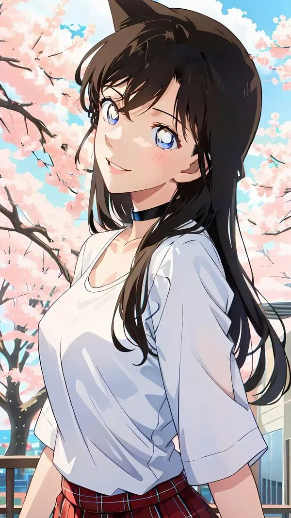 Ảnh anime Ran Mori áo trắng đơn giản, nền hoa anh đào, ánh nhìn kiên định, bố cục thoáng dễ đặt nền