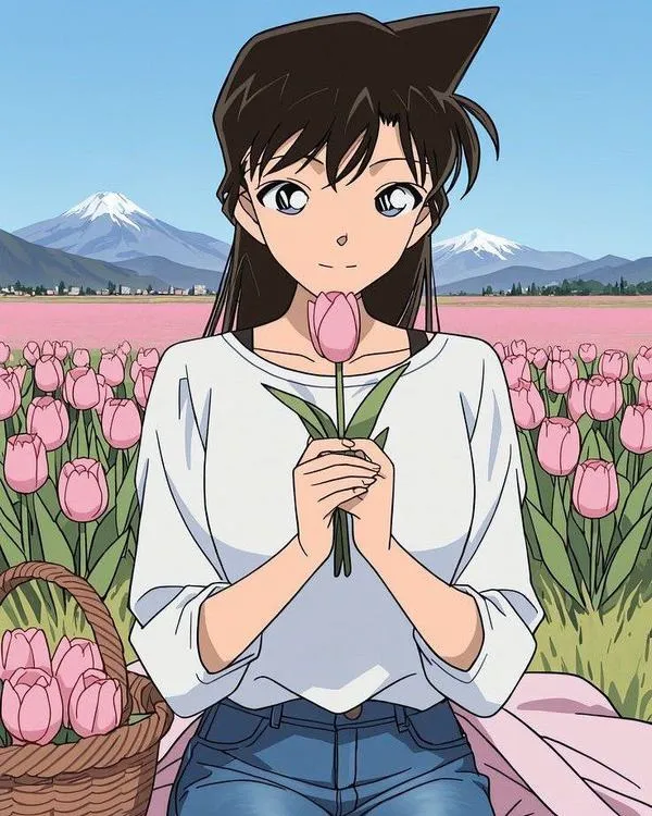 Hình nền Ran Mori cầm hoa trước cánh đồng tulip, trời xanh núi xa, cảm giác bình yên, hợp màn khóa