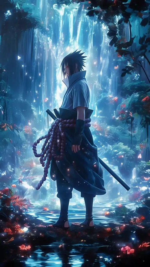 Hình anime bóng lưng trong mưa, nền xanh đen lạnh, ánh sáng xa làm nổi sự cô độc.