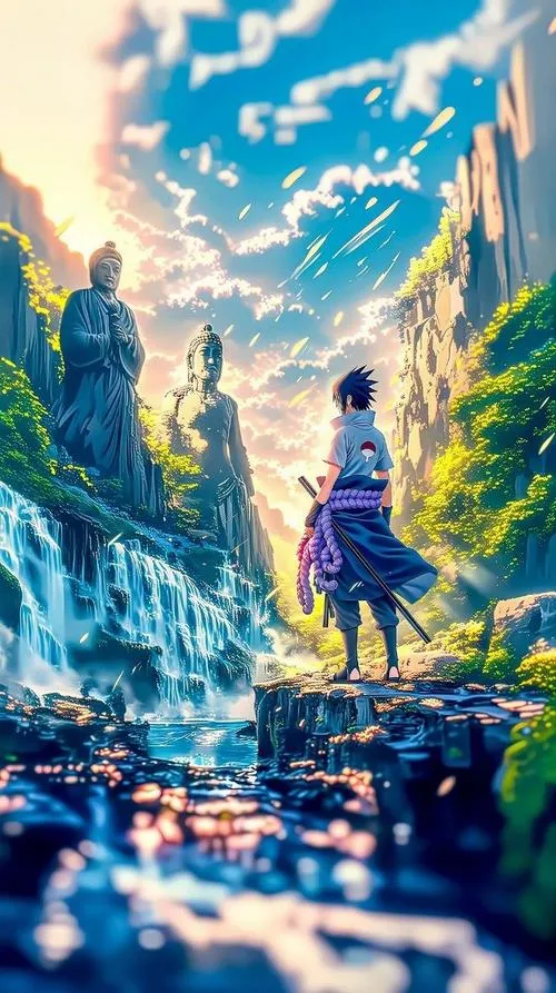 Ảnh 4K Sasuke nhìn xa giữa thung lũng xanh, trời sáng rộng, cảm giác lặng và tỉnh.