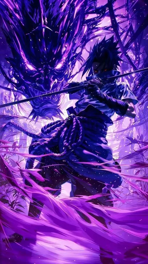 Hình anime Uchiha trong bão năng lượng tím, vệt sáng quấn quanh, nền đen làm nổi sát khí.
