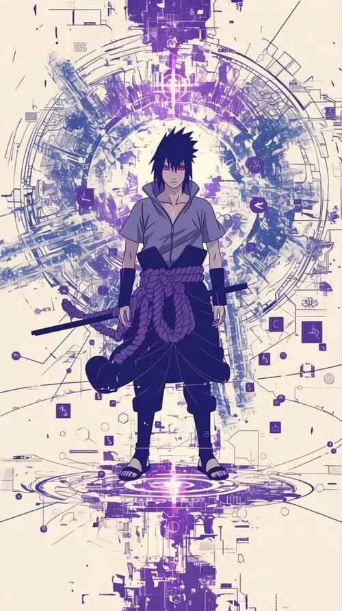 Hình nền Sasuke tối giản kiểu tranh mực, Sharingan đỏ nhấn nhẹ, bố cục thoáng mà lạnh.