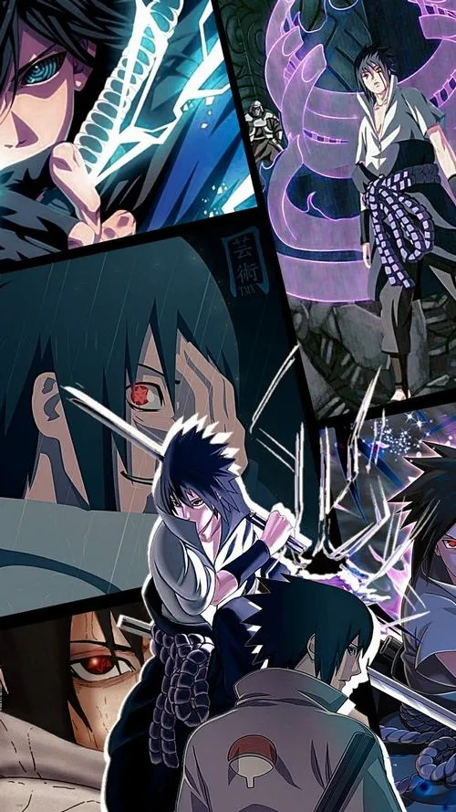 Ảnh ngầu montage Uchiha với ánh mắt và ký ức, tông tím xám, cảm giác nặng nề nội tâm.