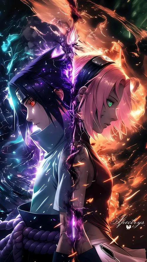 Hình đẹp Sasuke Sakura chia đôi băng lửa, ánh sáng đối lập, nét mặt bình thản mà áp đảo.