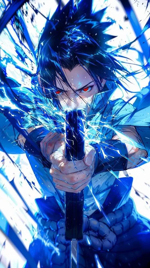 Hình nền Sasuke cận cảnh tông xanh băng, Chidori tụ điện, mắt nhìn thẳng rất gắt.