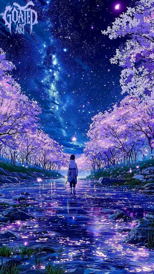 Hình nền Sasuke đứng giữa trời sao tím, mặt nước phản chiếu, cảm giác cô độc rất sâu.