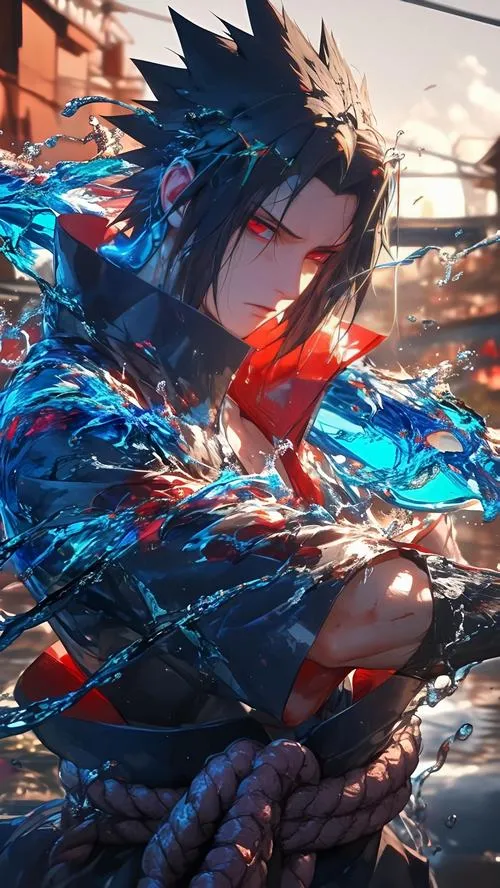 Ảnh ngầu Sasuke lao vào giao tranh, tia sáng đỏ cam bắn mạnh, cảm giác quyết liệt không chần chừ.