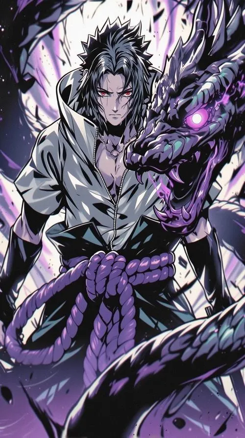 Wallpaper Sasuke và Aoda kiểu phác thảo đen trắng, điểm tím ở mắt, aura lạnh phủ mảng tối rất gọn.