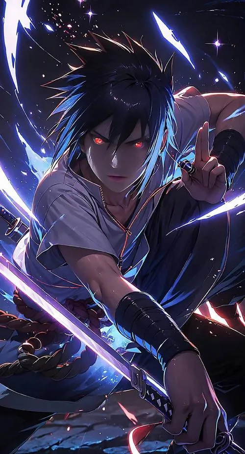 Hình đẹp Uchiha ngồi trầm trong bóng đêm, ánh điện tím lướt qua, cảm giác khó lại gần.