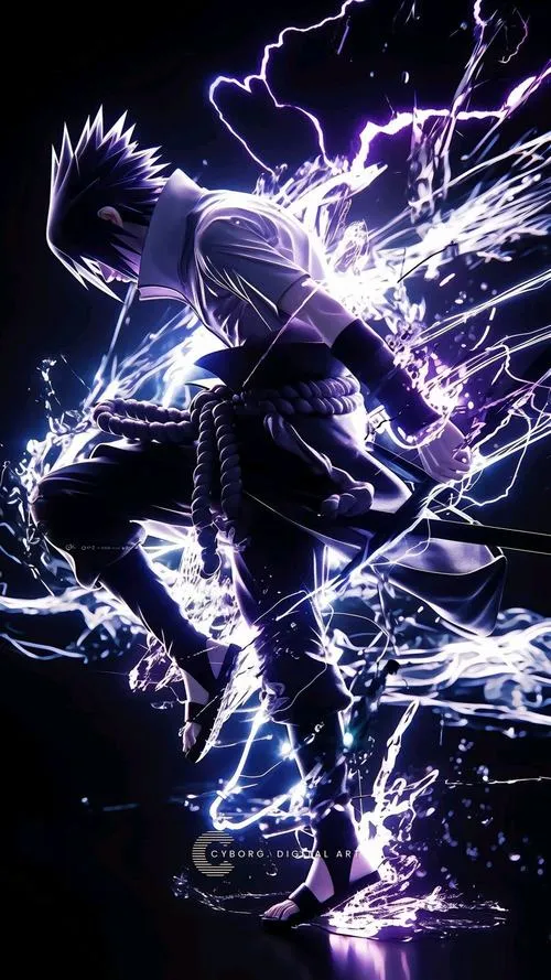 Ảnh 4K Sasuke chạy trong tia sét, Chidori rạch nền đen, chuyển động nhanh và sắc.