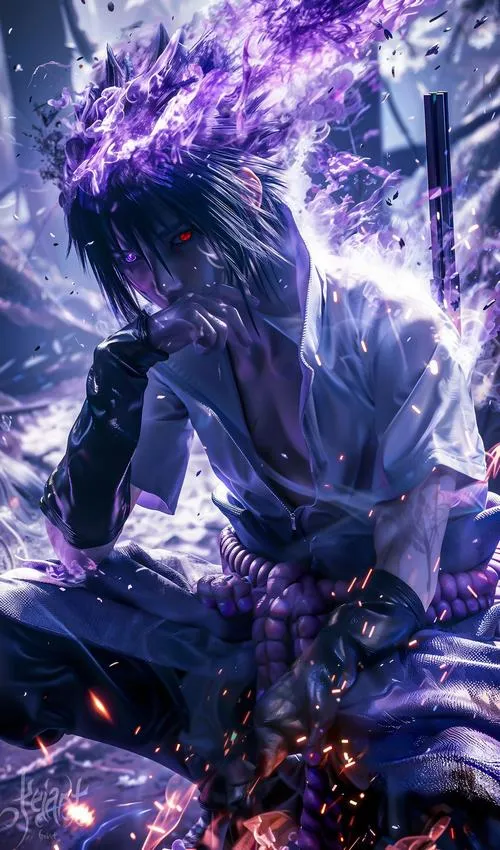 Hình nền Sasuke bước ra từ nền đá vụn, Susanoo tím mờ phía sau, áp lực kiểu âm thầm.