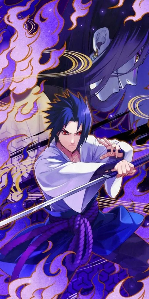 Ảnh ngầu Sasuke với họa tiết tím cuộn quanh, ánh mắt lạnh, bố cục dọc rất hợp màn khóa.