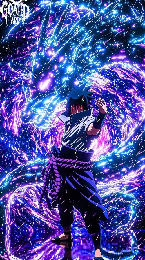Ảnh ngầu chiến binh Uchiha mở Susanoo tím, vệt năng lượng xoáy mạnh, nền tối dày áp lực.