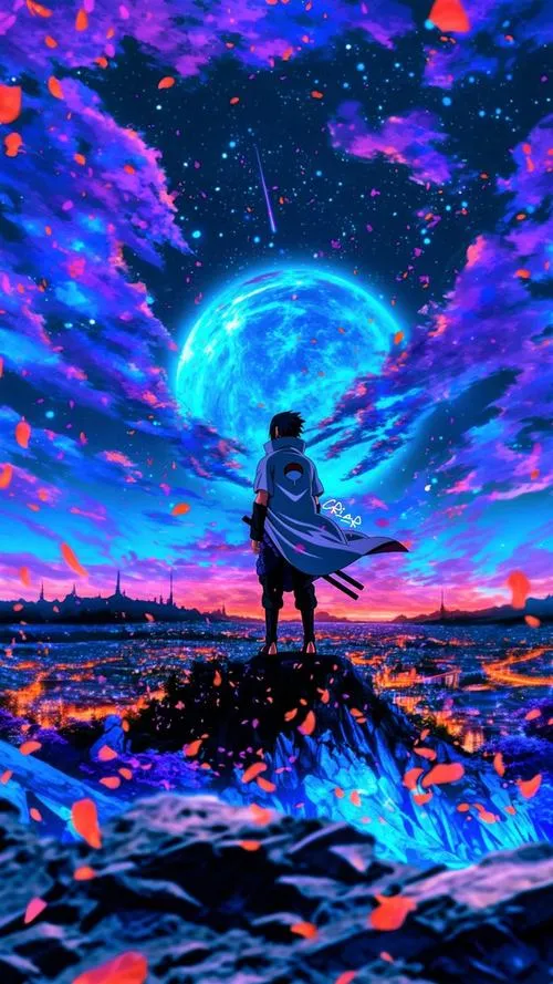 Ảnh 4K Sasuke đứng trước trăng xanh tím, mặt đất loang màu, khoảng trống rộng rất đã mắt.