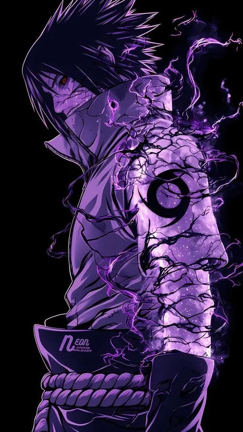 Hình nền Sasuke góc nghiêng tím đen, Sharingan nổi bật, đường nét gọn như dao cắt bóng tối.