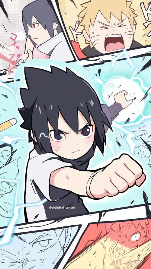 Wallpaper chibi Uchiha đáng yêu nhưng vẫn lạnh, nền sáng vui, tương phản với tính cách ít nói.
