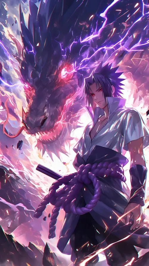 Ảnh Fanart Sasuke kèm Susanoo tím khói, ánh sét lấp lánh, cảm giác quyền lực không cần gào.