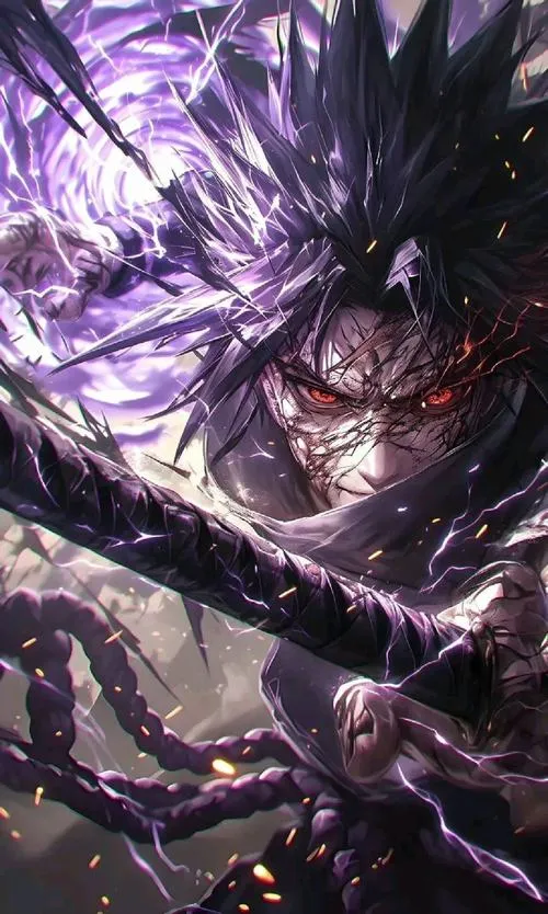Hình anime quái ảnh Susanoo cận cảnh, tím đậm xoáy mạnh, nền đen làm nổi mắt dữ.