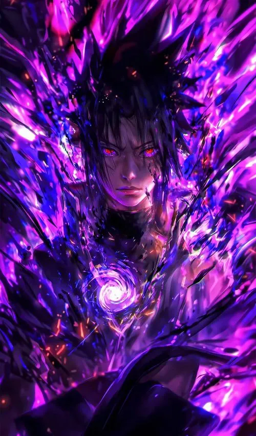 Ảnh ngầu Sasuke chìm trong aura tím, Mangekyō mở sâu, ánh nhìn đâm thẳng rất căng.