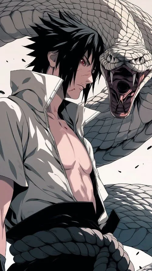 Ảnh 4K Sasuke và rắn Manda kiểu tranh trắng đen, tóc rối và vết xước, nét lạnh lùng rất thật.