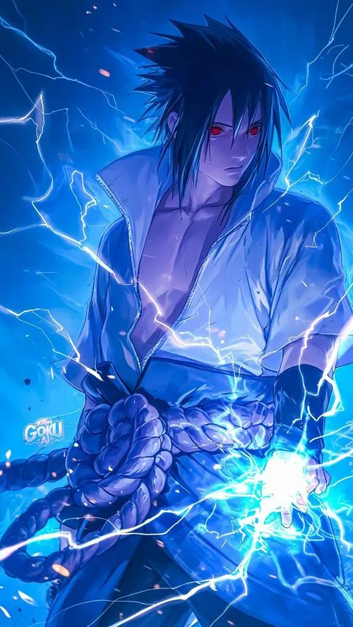 Ảnh bìa Sasuke tông xanh điện, Chidori bùng nổ, tia sét toả rộng, cảm giác mạnh và gọn.