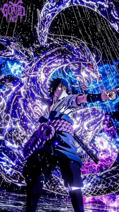 Ảnh 4K kiếm sĩ làng Lá trong khói sương tím, dáng đứng nghiêng lạnh, ánh sáng ngược rõ nét.