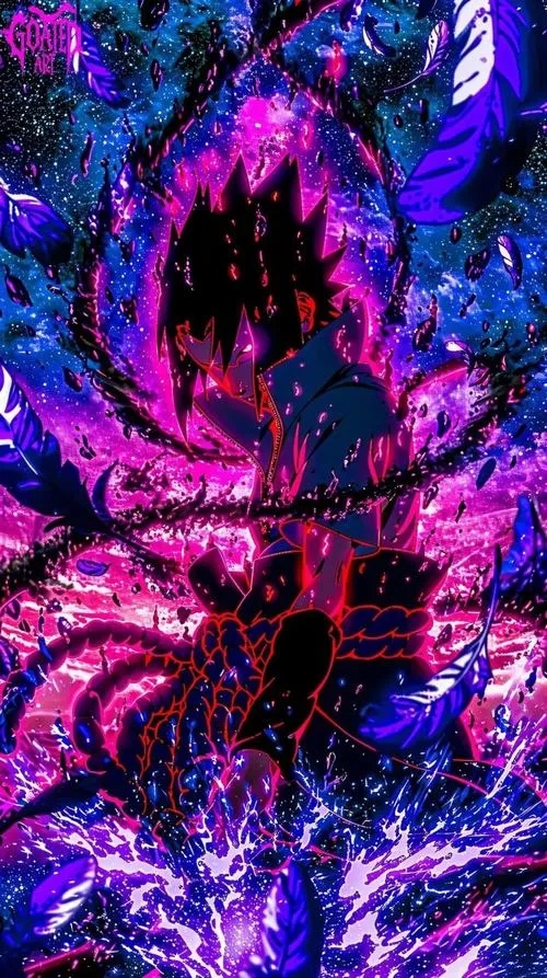 Hình anime Sasuke giữa vòng xoáy Susanoo, màu tím xanh chớp loé, khí chất im mà nặng.