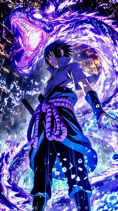 Ảnh Fanart bóng đen Uchiha bị nuốt bởi aura tím, nền đỏ tím dồn dập, cảm giác nổi loạn.