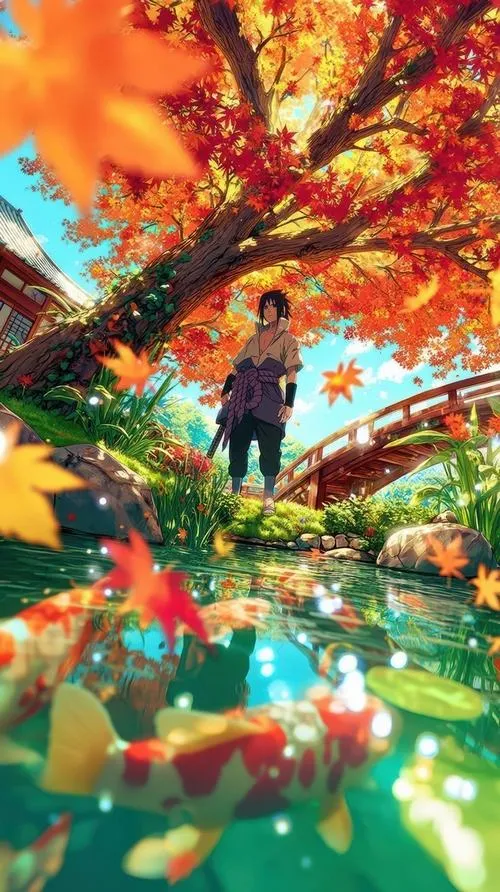 Wallpaper Sasuke đứng dưới tán lá cam, ánh sáng ấm nhưng mặt vẫn lạnh, khoảng trống rất nhiều.