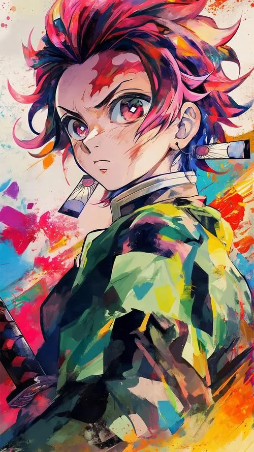 Hình nền Tanjiro phong cách màu loang rực rỡ, nét cọ mạnh, nhìn phát nổi bật ngay