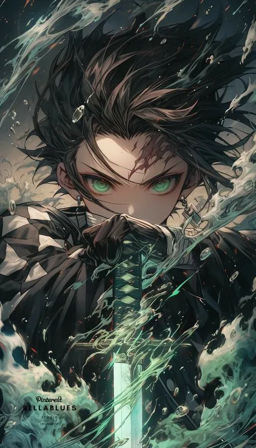 Ảnh Tanjiro tông xanh đen u tối, gương mặt nghiêm, cảm giác lạnh và quyết liệt